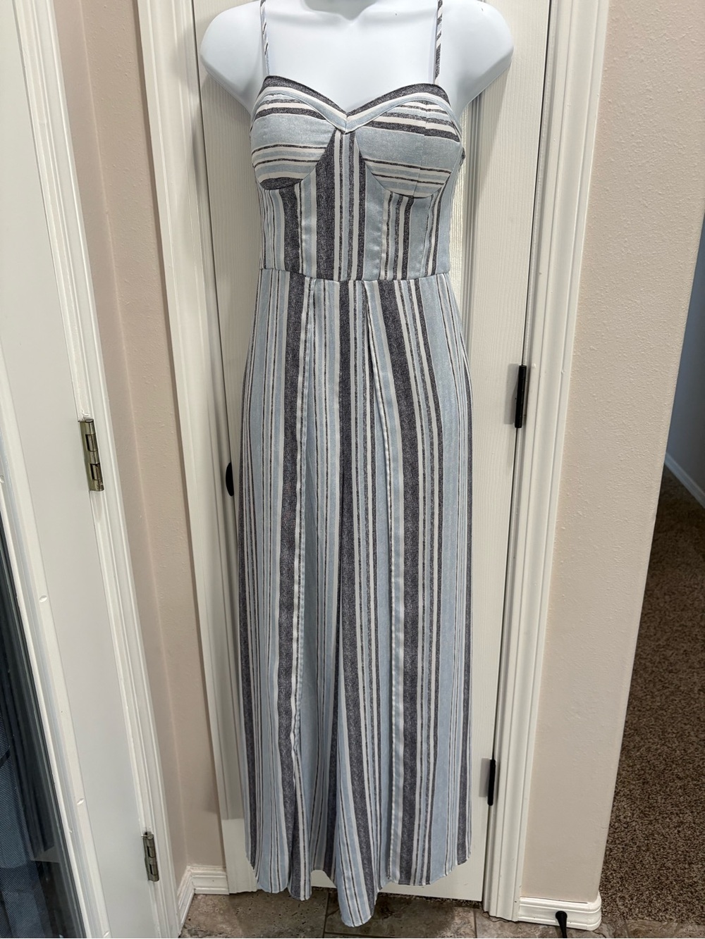 Xhilaration Blue and Gray Striped Spaghetti-Strap Jumpsuit